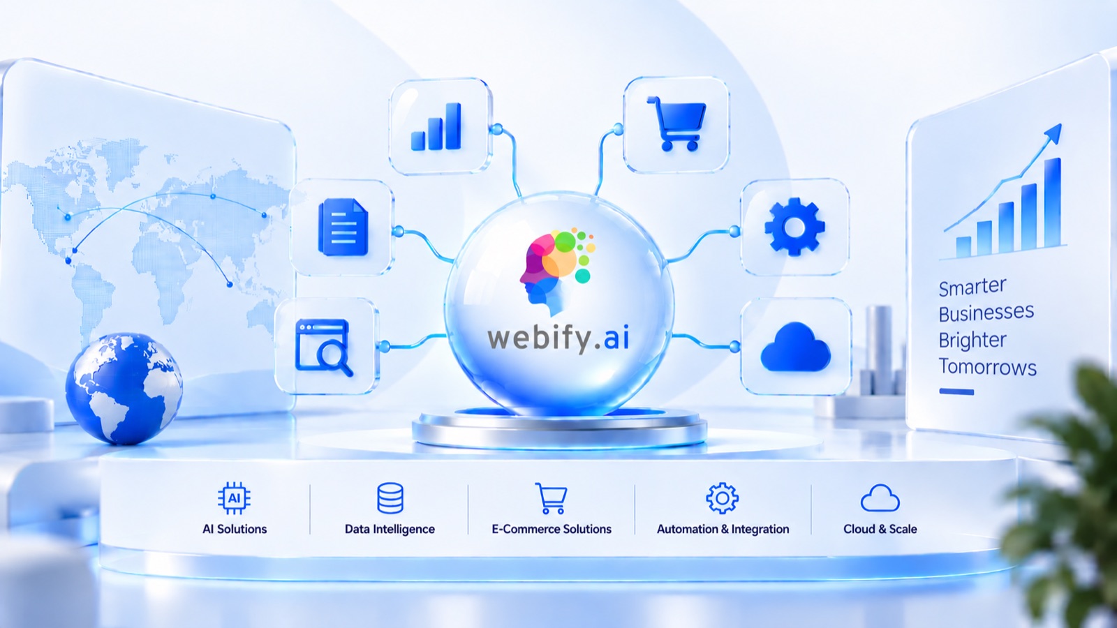 The Webify.ai logo at the centre of its core services: AI solutions, data intelligence, e-commerce solutions, automation and integration, and cloud and scale