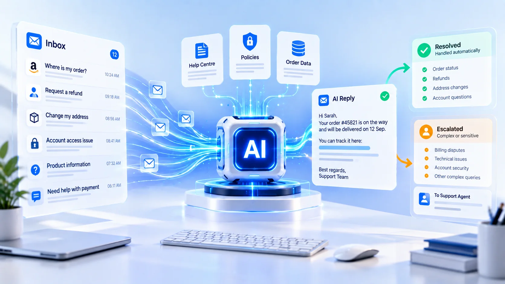 AI email support agent working through an inbox of customer requests: order status, refunds, address changes, account access and product information