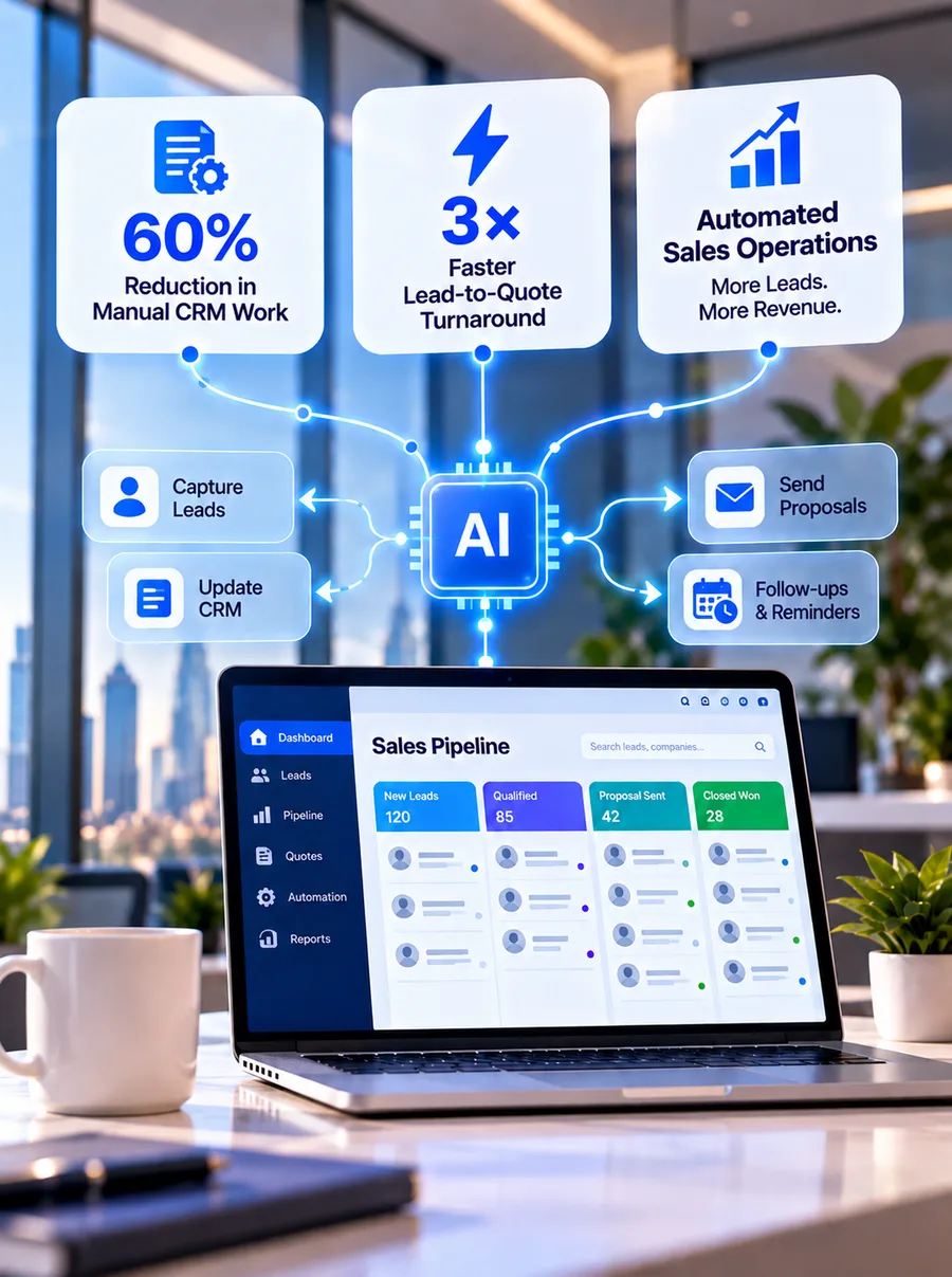 An AI sales operations agent capturing leads, updating the CRM, sending proposals and following up, above a sales pipeline dashboard, with cards for 60% less manual CRM work and 3x faster lead-to-quote turnaround