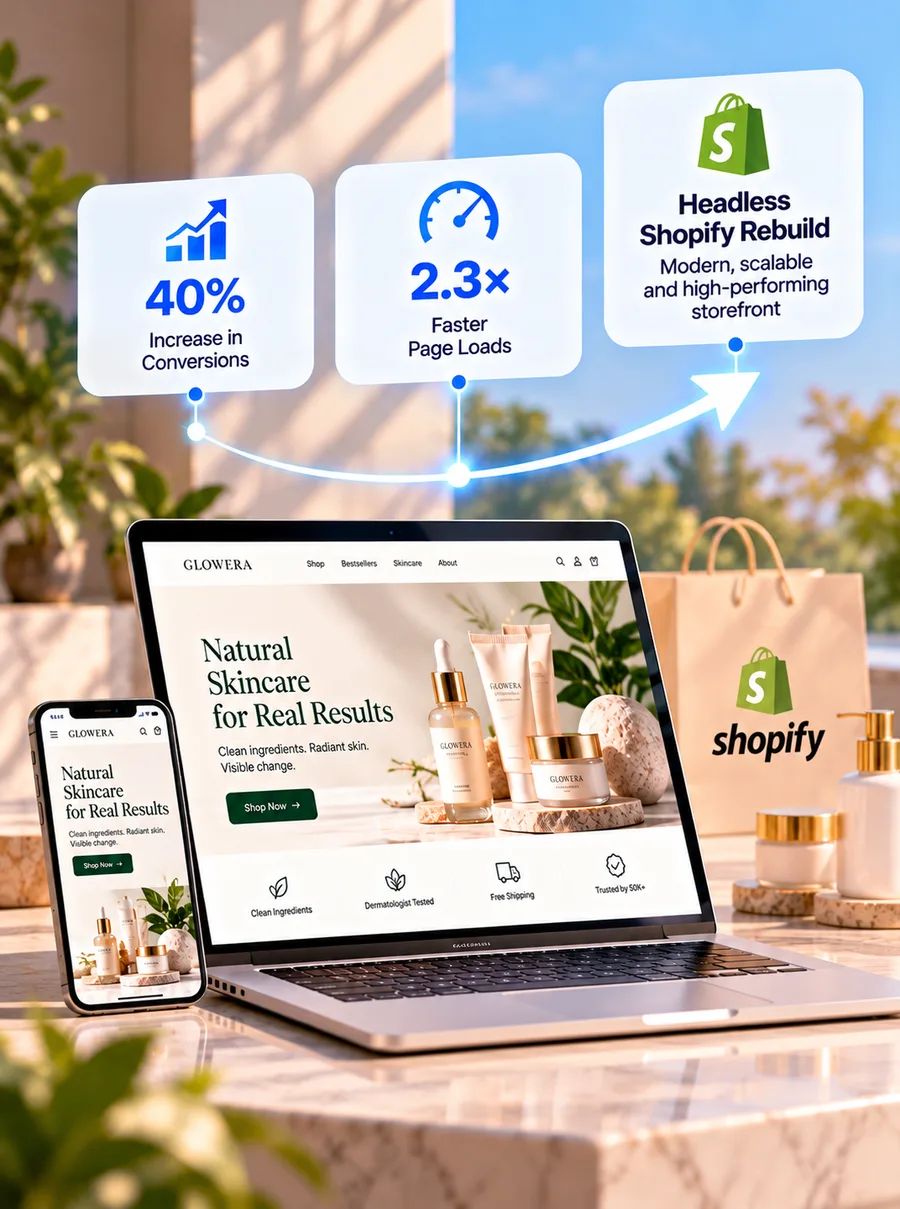 A skincare brand's new headless Shopify storefront on a laptop and phone, with cards for a 40% increase in conversions, 2.3x faster page loads and a modern, scalable, high-performing storefront