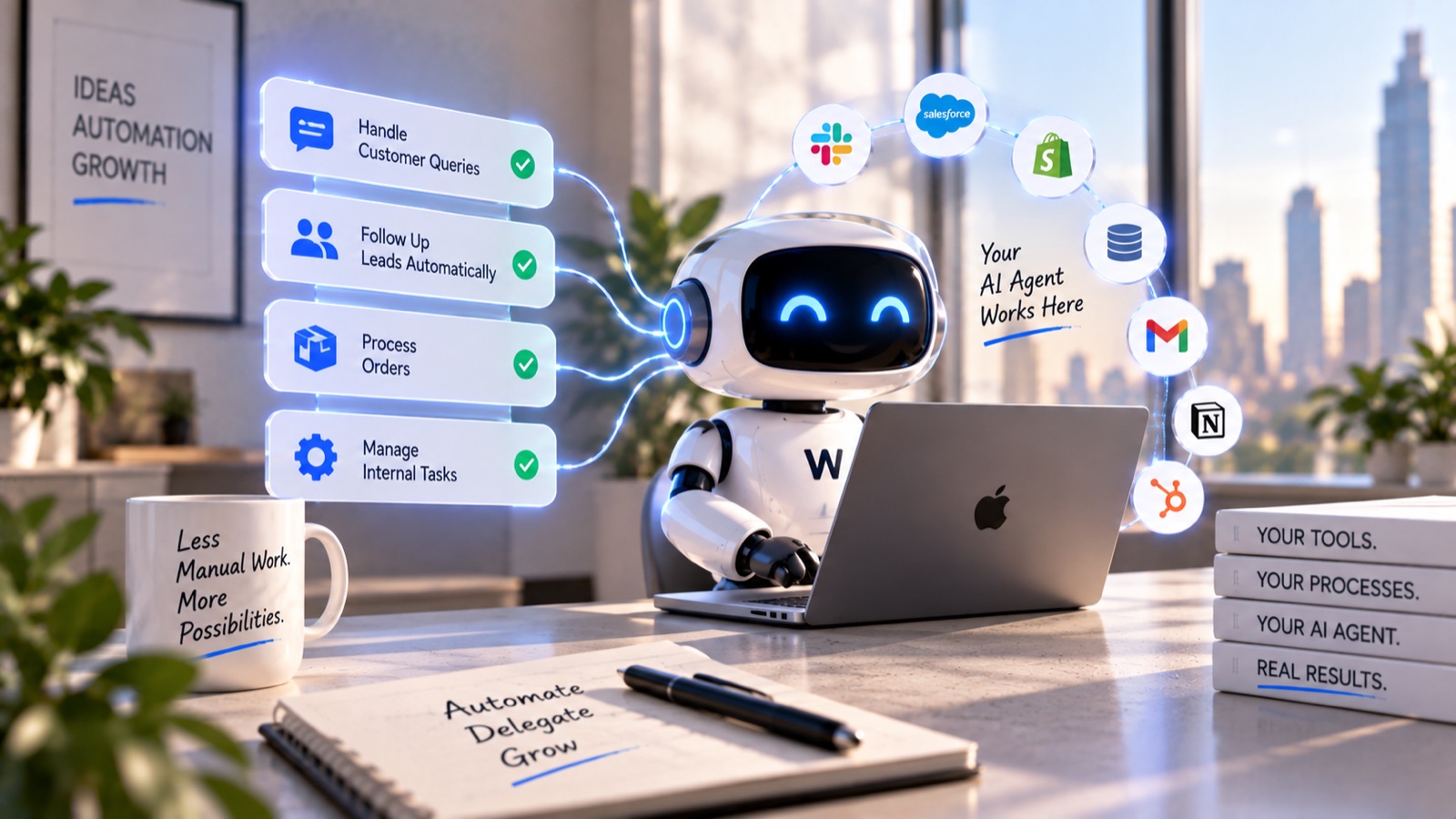 A custom AI agent handling customer queries, following up leads, processing orders and managing internal tasks across Slack, Salesforce, Shopify, Gmail, Notion and HubSpot