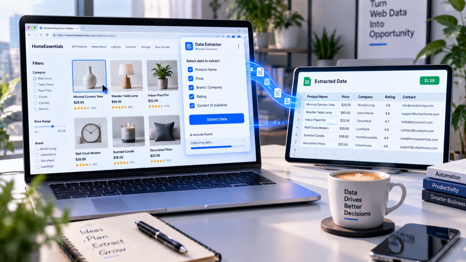 A Data Extractor browser extension capturing product names, prices, brands, ratings and contacts from an online store and exporting them to an XLSX spreadsheet