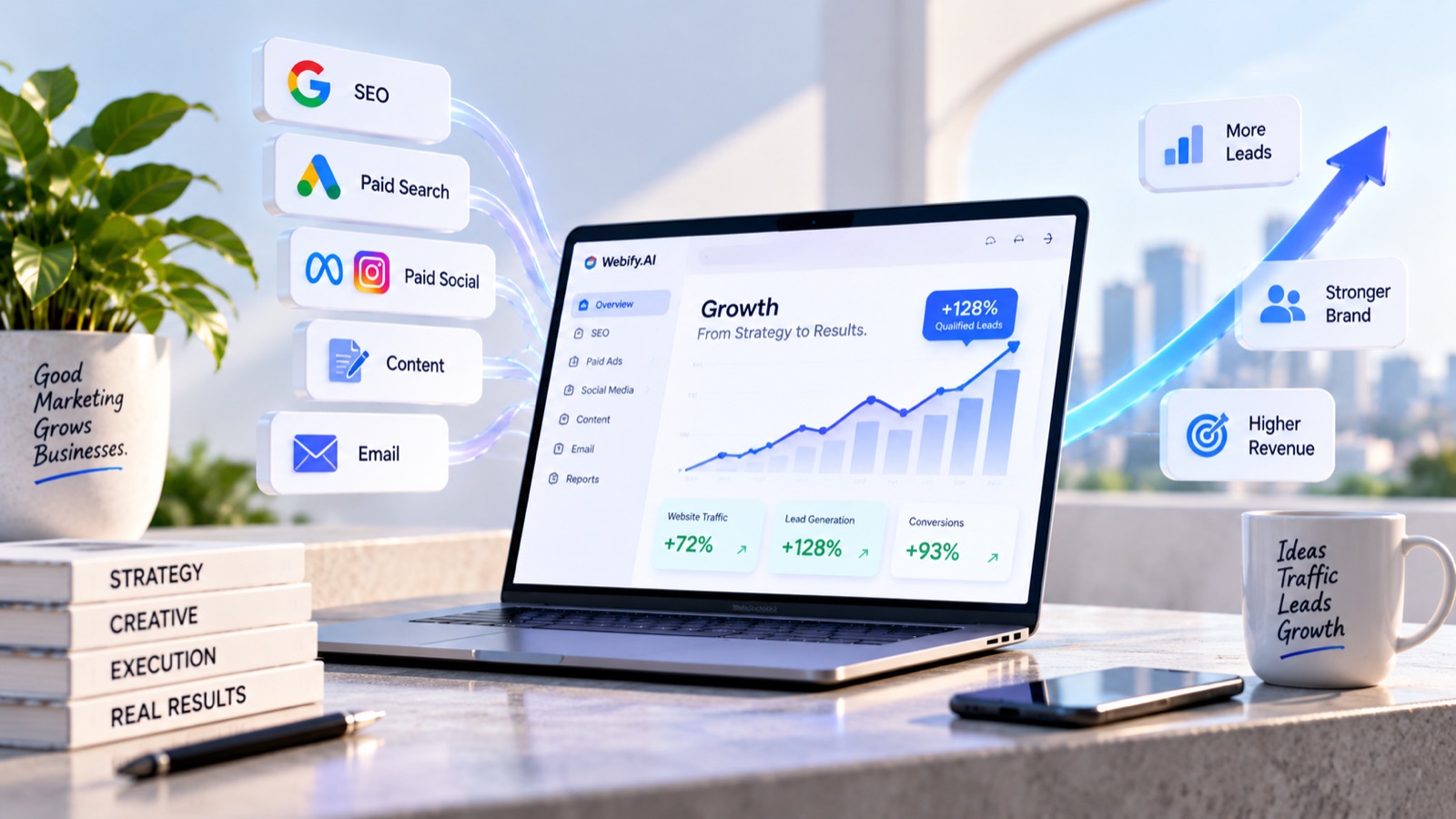 A marketing growth dashboard tracking SEO, paid search, paid social, content and email, showing website traffic up 72 percent, lead generation up 128 percent and conversions up 93 percent