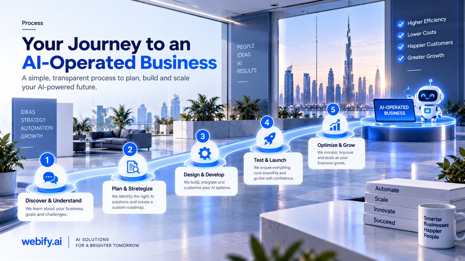 A five-step process roadmap titled Your Journey to an AI-Operated Business, moving through Discover and Understand, Plan and Strategize, Design and Develop, Test and Launch, and Optimize and Grow to an AI-operated business with a robot mascot