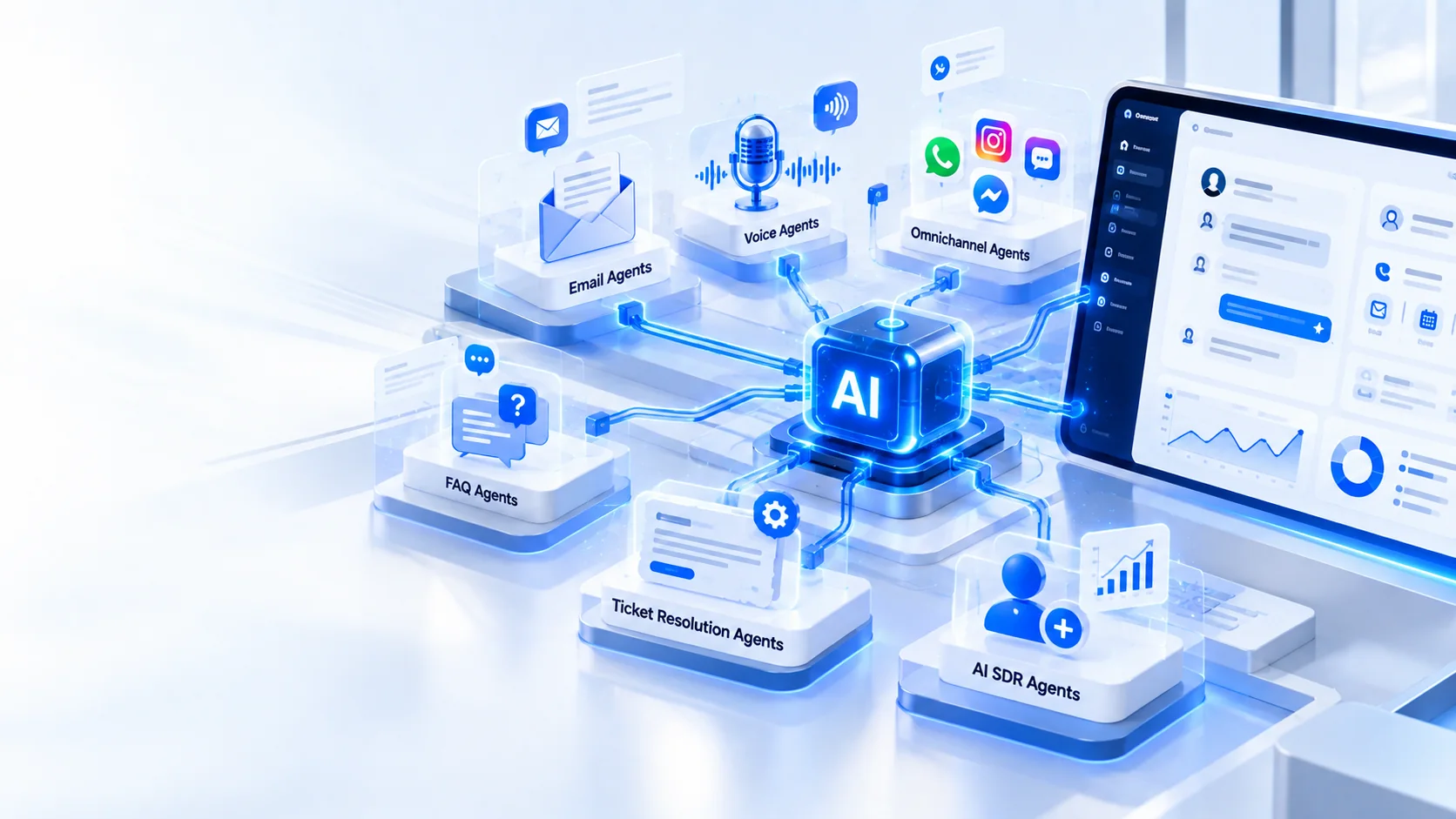Customer Experience AI agents: voice, omnichannel, email, FAQ, ticket resolution and AI SDR agents around a central AI — capability overview