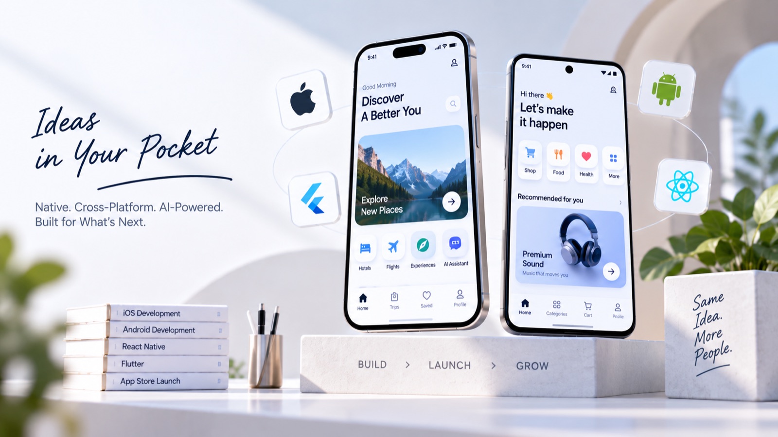 Two smartphones showing native and cross-platform app screens, alongside iOS, Android, React Native and Flutter build tooling