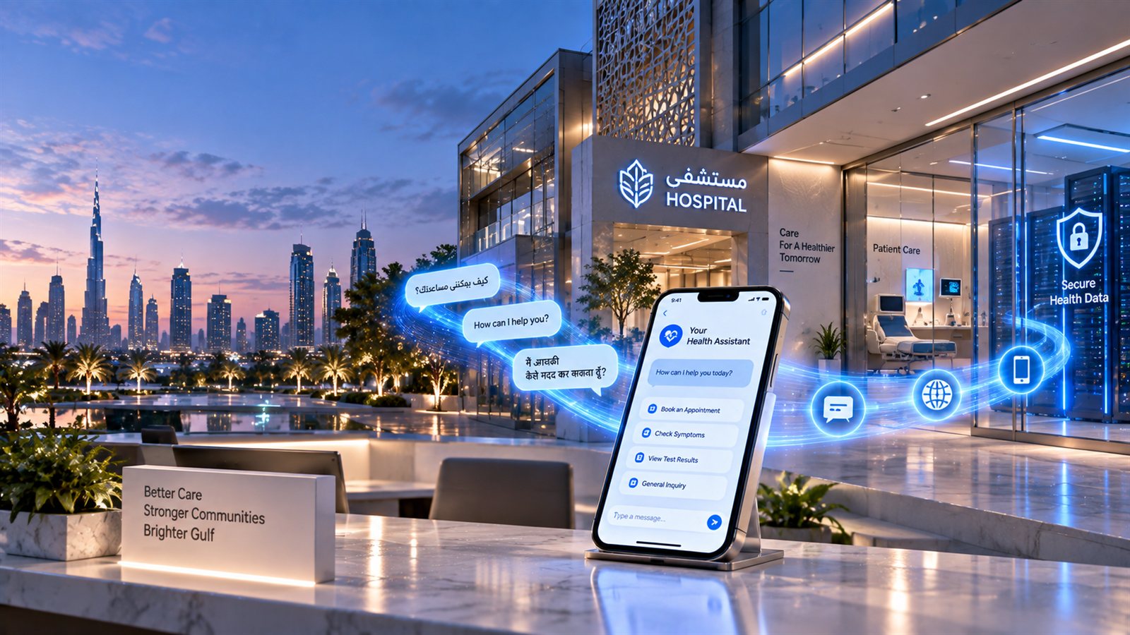 A Your Health Assistant chatbot on a phone offering Book an Appointment, Check Symptoms and View Test Results, asking How can I help you in Arabic, English and Hindi outside a hospital at dusk with the Dubai skyline