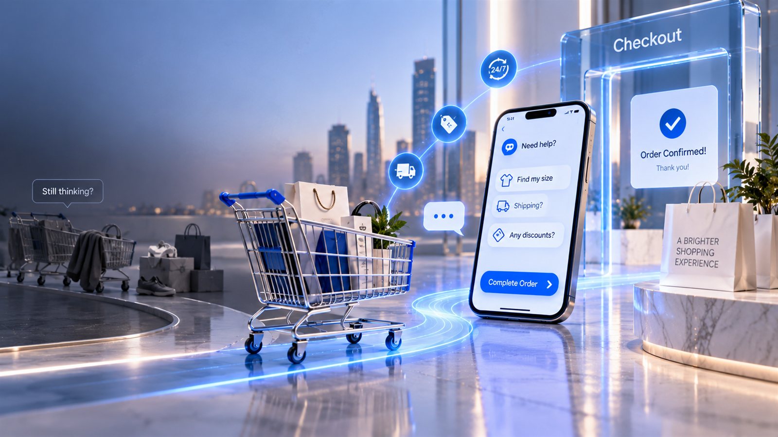 A shopping cart full of bags following a glowing path from abandoned carts marked Still thinking toward a phone chat offering size, shipping and discount help with a Complete Order button, ending at a checkout showing Order Confirmed