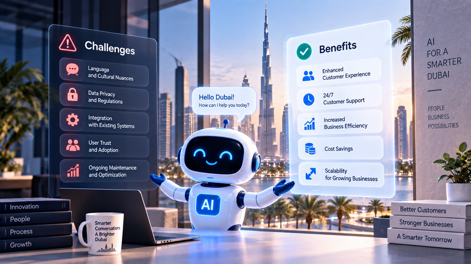 A friendly AI robot greeting Hello Dubai between a Challenges panel listing language, data privacy, integration, user trust and maintenance and a Benefits panel listing customer experience, 24/7 support, efficiency, cost savings and scalability, with the Burj Khalifa behind