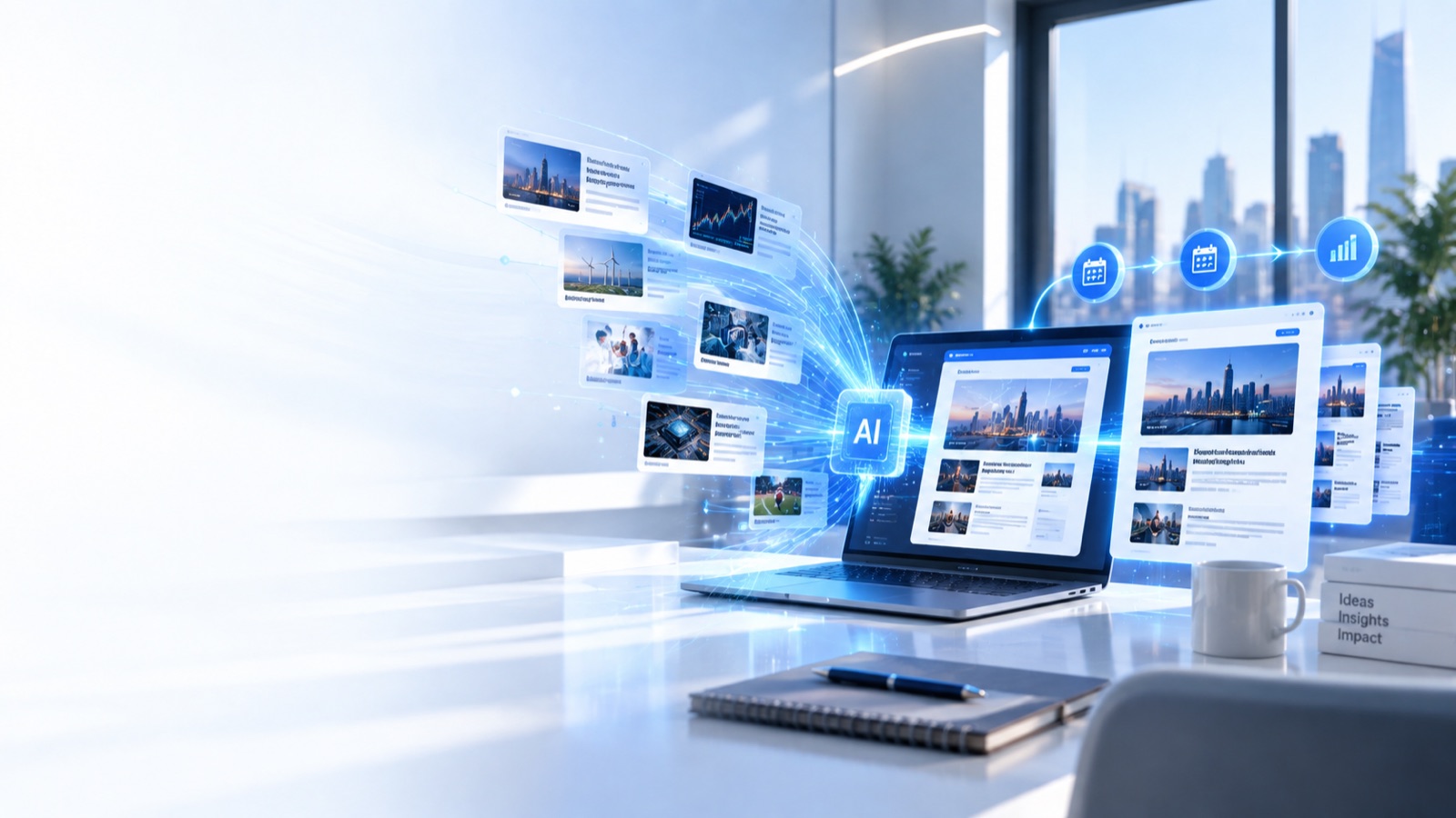 An AI engine gathering news stories on markets, energy, healthcare, technology and sports and publishing them as website updates on a weekly, monthly and yearly schedule