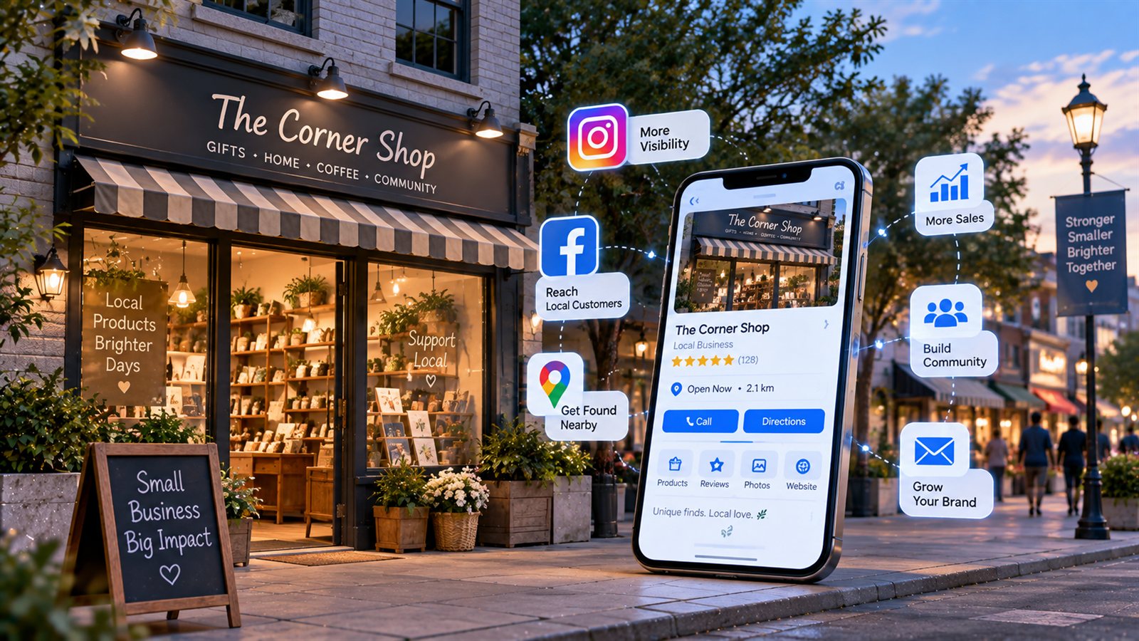 The Corner Shop storefront at dusk beside a phone showing its local business listing with a star rating, Call and Directions buttons, and callouts including More Visibility, Reach Local Customers, Get Found Nearby, Build Community and Grow Your Brand