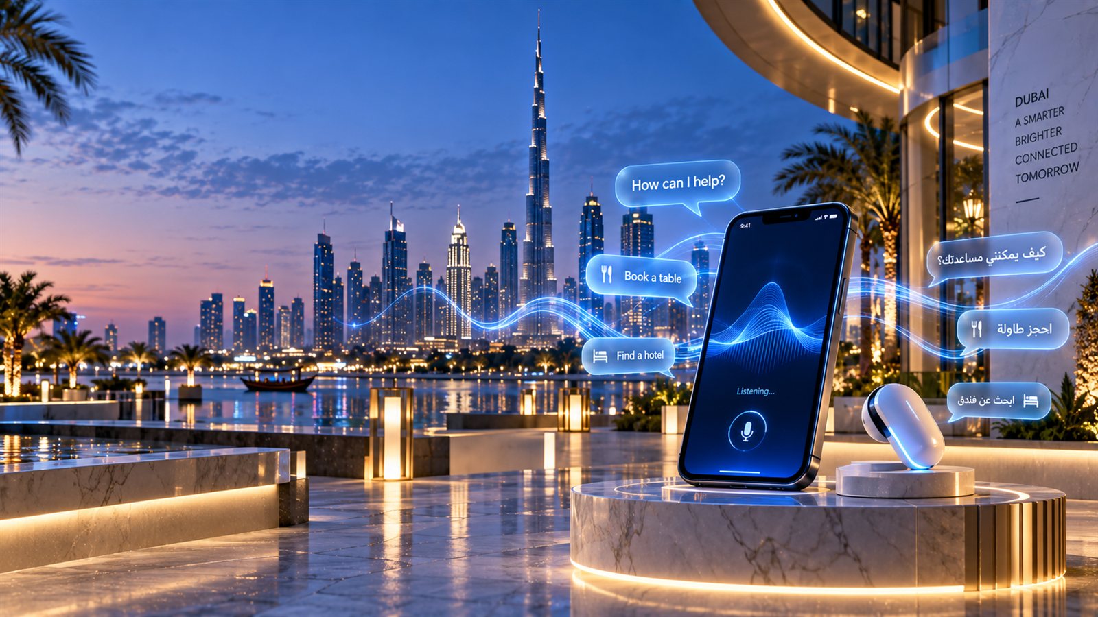 A phone showing a voice assistant listening on a marble pedestal beside a wireless earbud, with speech bubbles reading How can I help, Book a table and Find a hotel in English and Arabic against the Dubai skyline at dusk