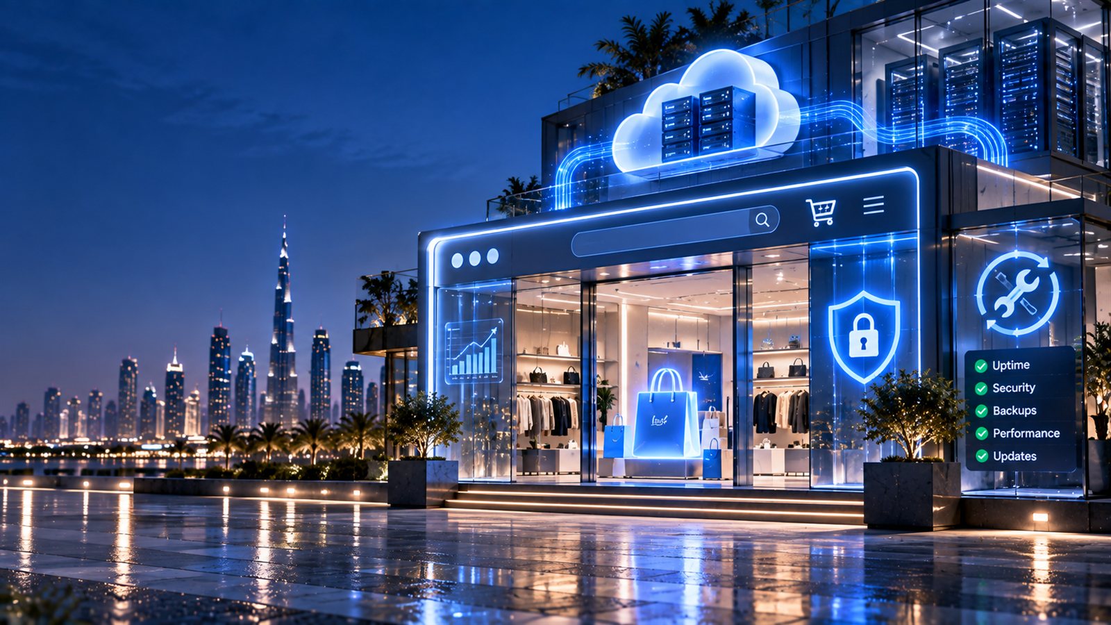 An online store facade styled as a glowing website with a search bar and cart, linked to cloud servers and marked with security and maintenance icons, beside a checklist of Uptime, Security, Backups, Performance and Updates by the Dubai skyline at night