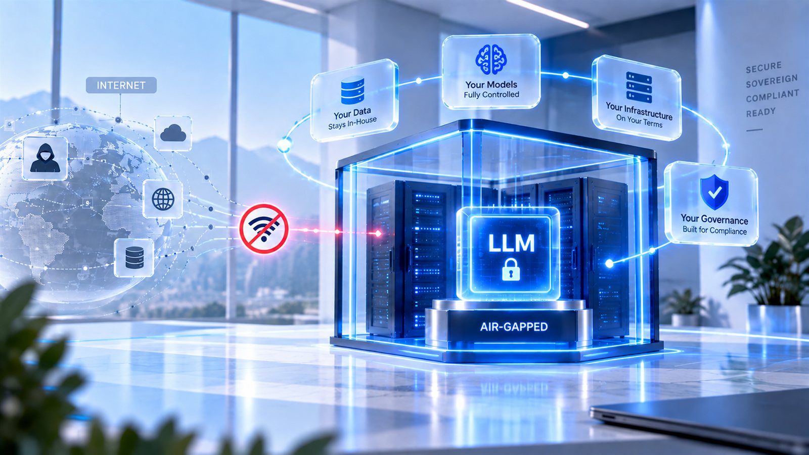 An air-gapped LLM server enclosure with a padlock, cut off from the internet by a crossed-out Wi-Fi symbol, surrounded by panels reading Your Data Stays In-House, Your Models Fully Controlled, Your Infrastructure On Your Terms and Your Governance Built for Compliance