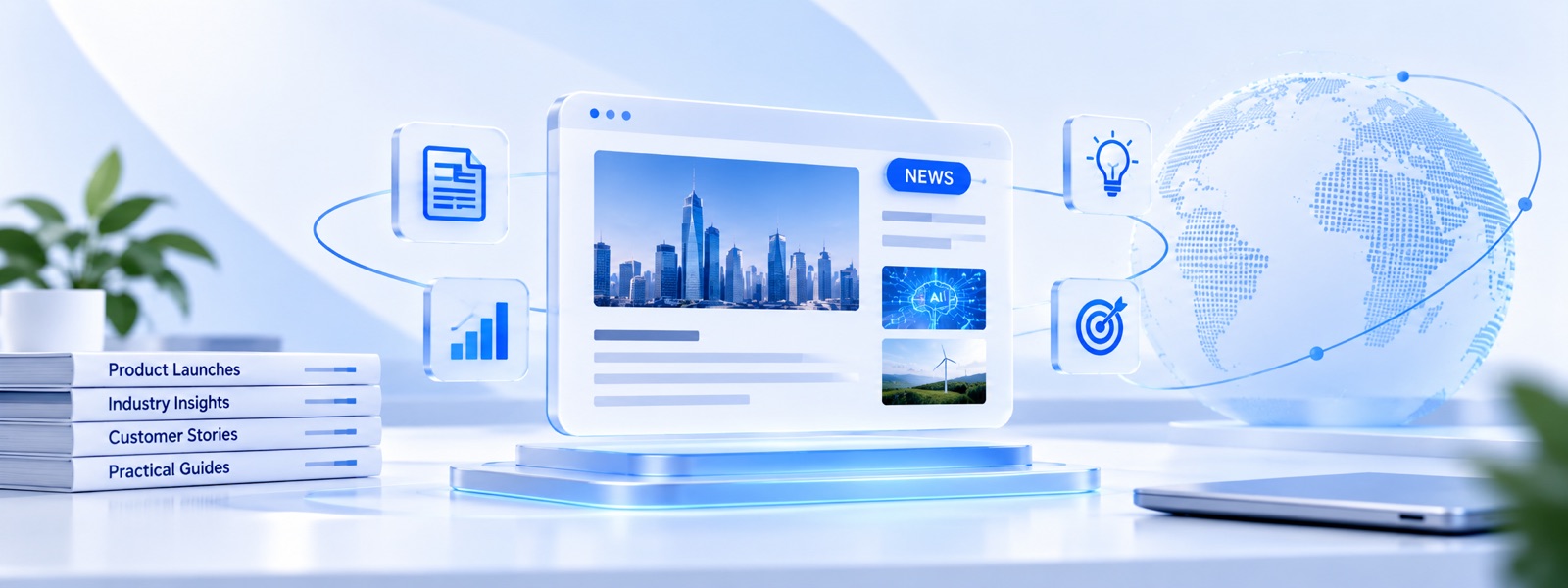 A news feed on a floating screen beside a globe, covering product launches, industry insights, customer stories and practical guides