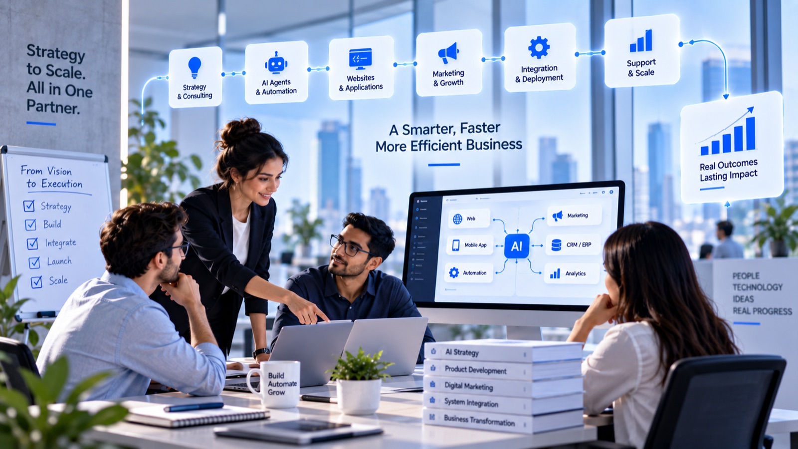 A team reviewing Webify's end-to-end delivery flow: strategy and consulting, AI agents and automation, websites and applications, marketing and growth, integration and deployment, and support and scale