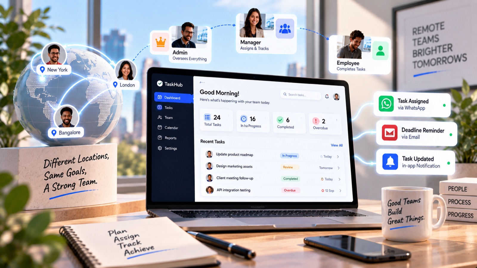A task management dashboard showing total, in-progress, completed and overdue tasks, with admin, manager and employee roles across New York, London and Bangalore, and task alerts by WhatsApp, email and in-app notification
