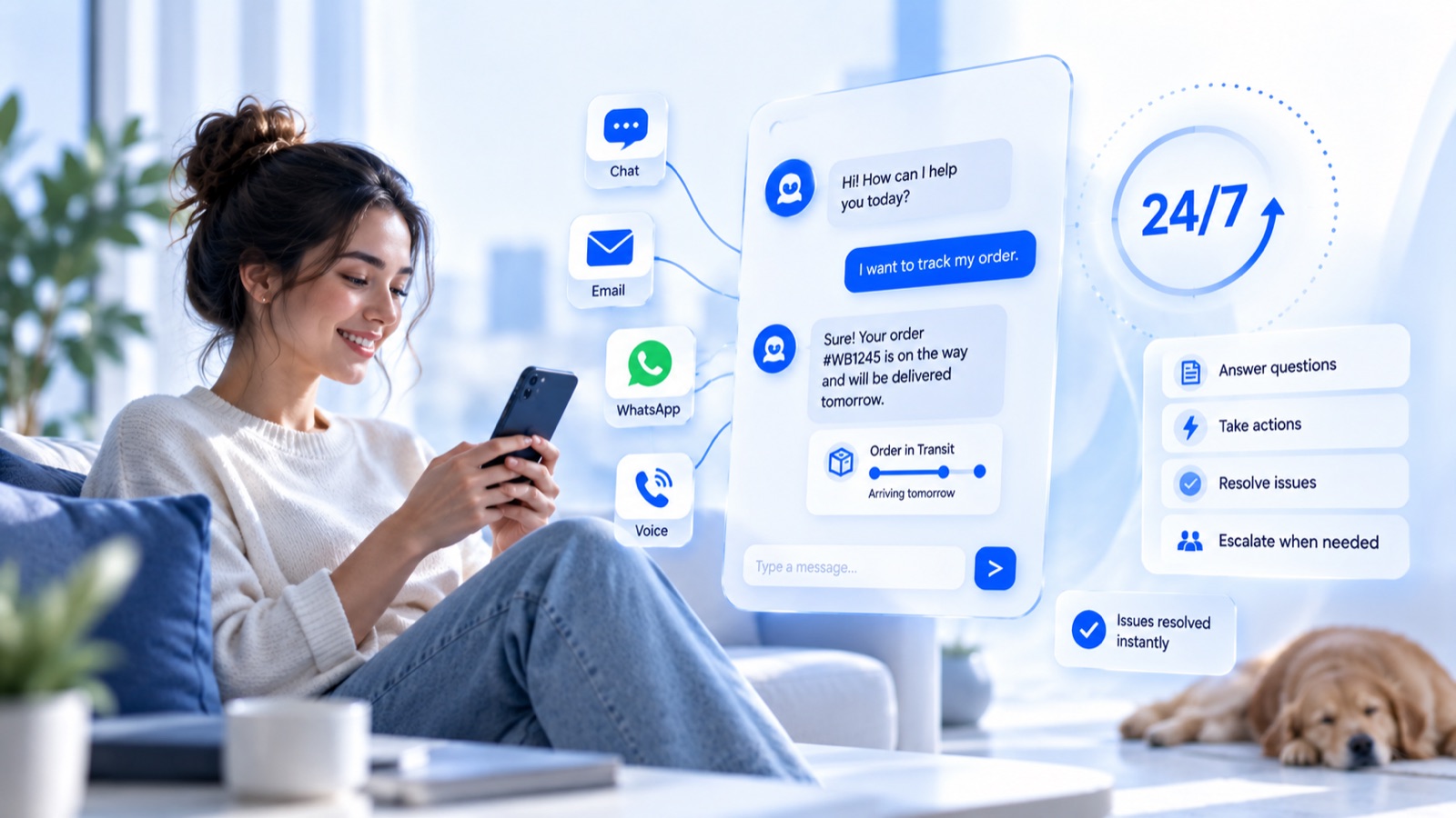 A customer tracking an order through an AI support agent over chat, email, WhatsApp and voice, which answers questions, takes actions, resolves issues and escalates when needed, 24/7