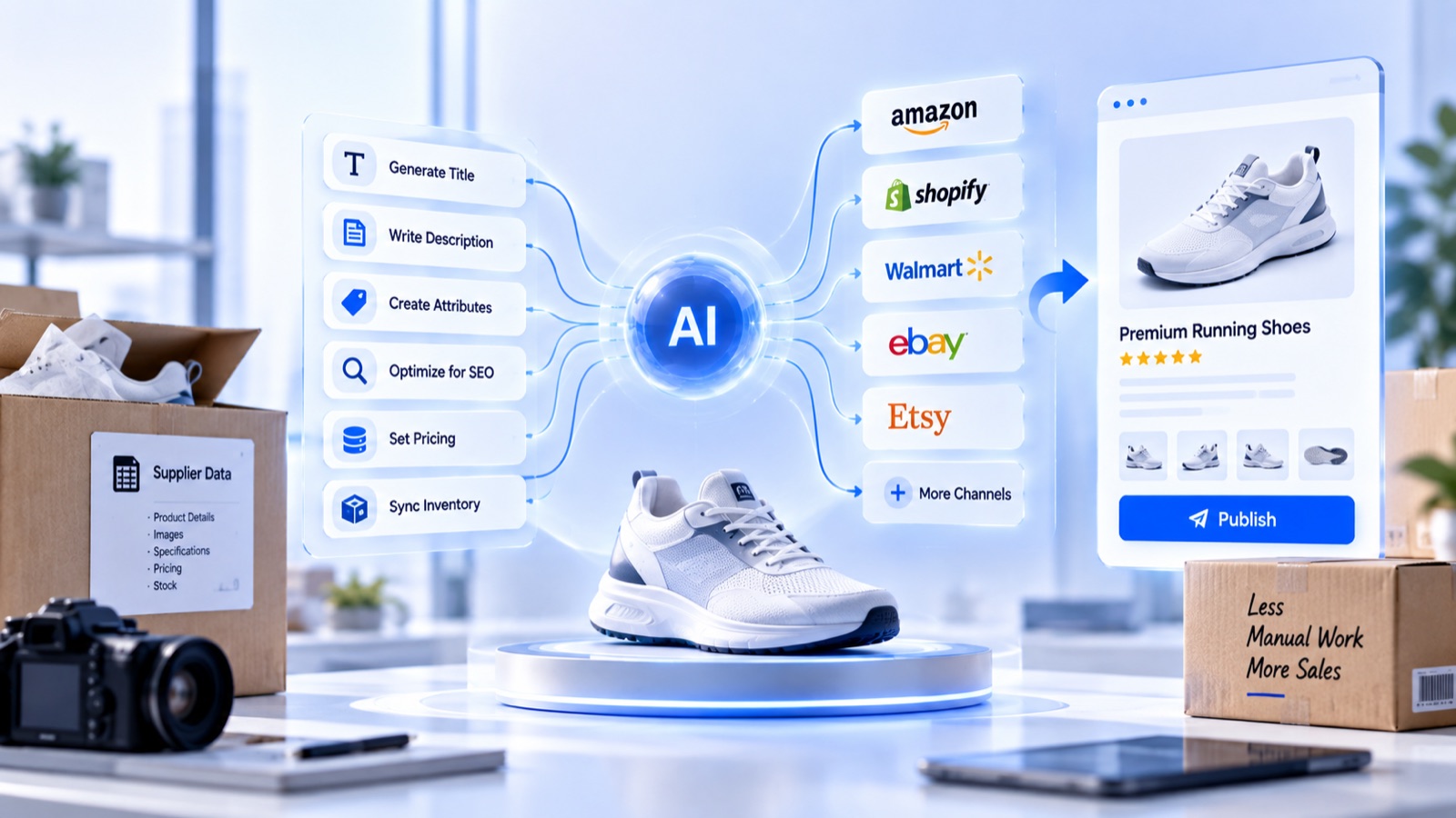 An AI pipeline turning supplier data into a published product listing across Amazon, Shopify, Walmart, eBay and Etsy, generating the title, description, attributes, SEO, pricing and inventory sync
